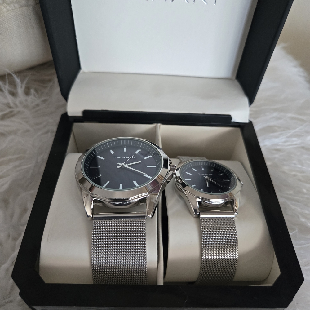 Elegant Silver Mesh Watch Set with Navy Blue Dial His And Hers